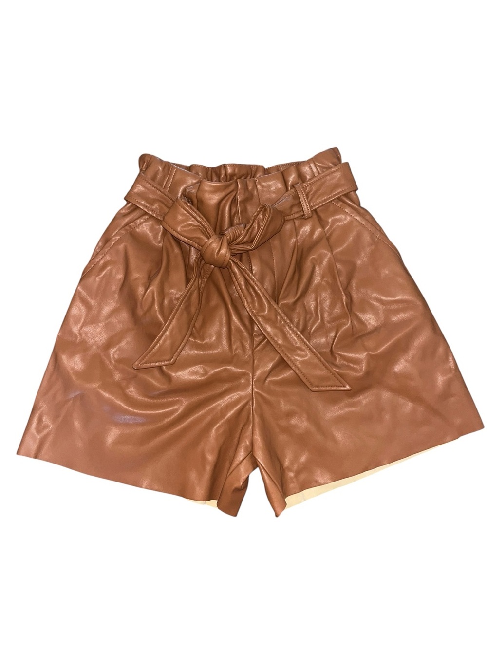 Zenana Women’s Medium Camel Faux Leather Paperbag Waist Belted Shorts